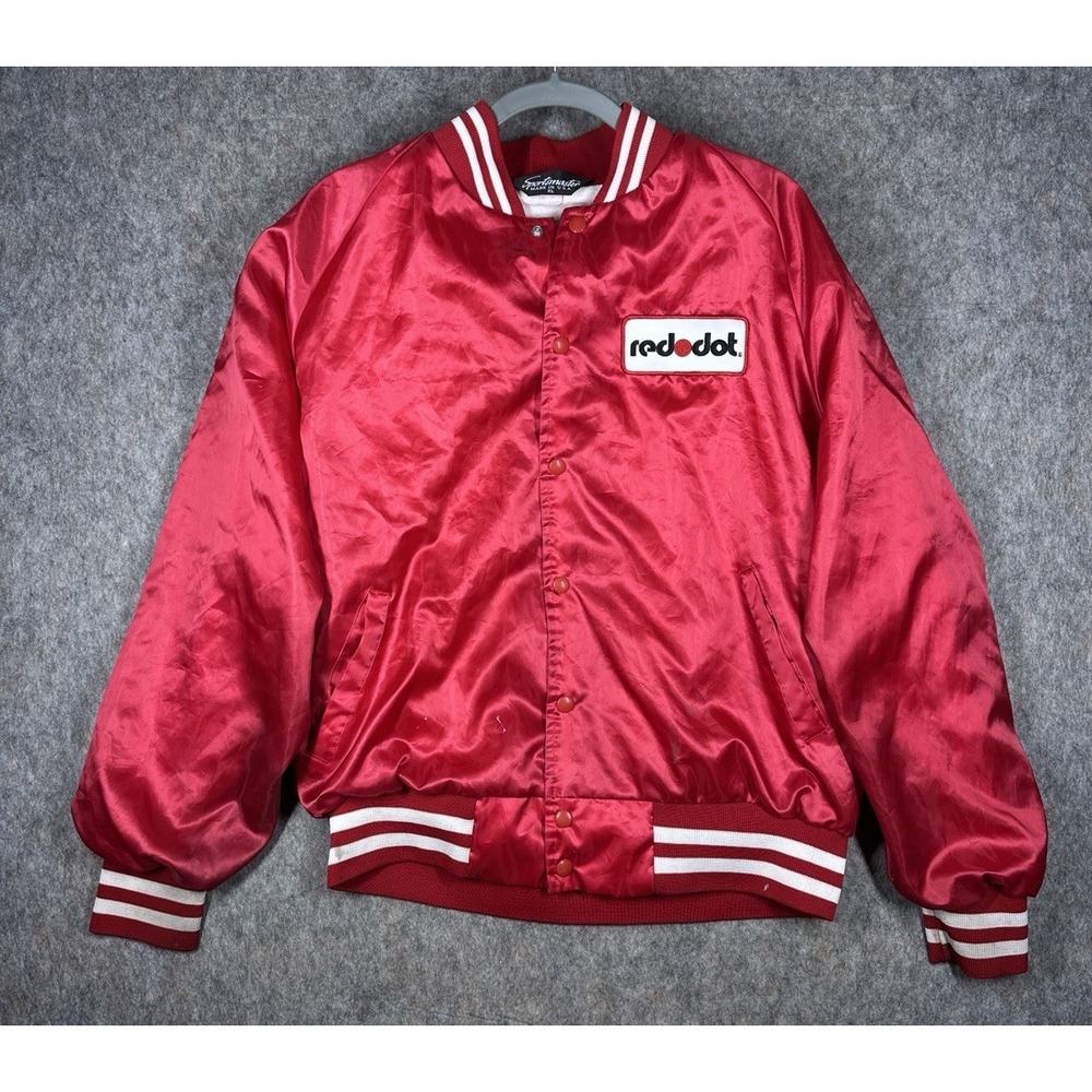 Vintage Red Dot Satin Bomber Jacket XL Made USA Sportmaster Red Retro Varsity